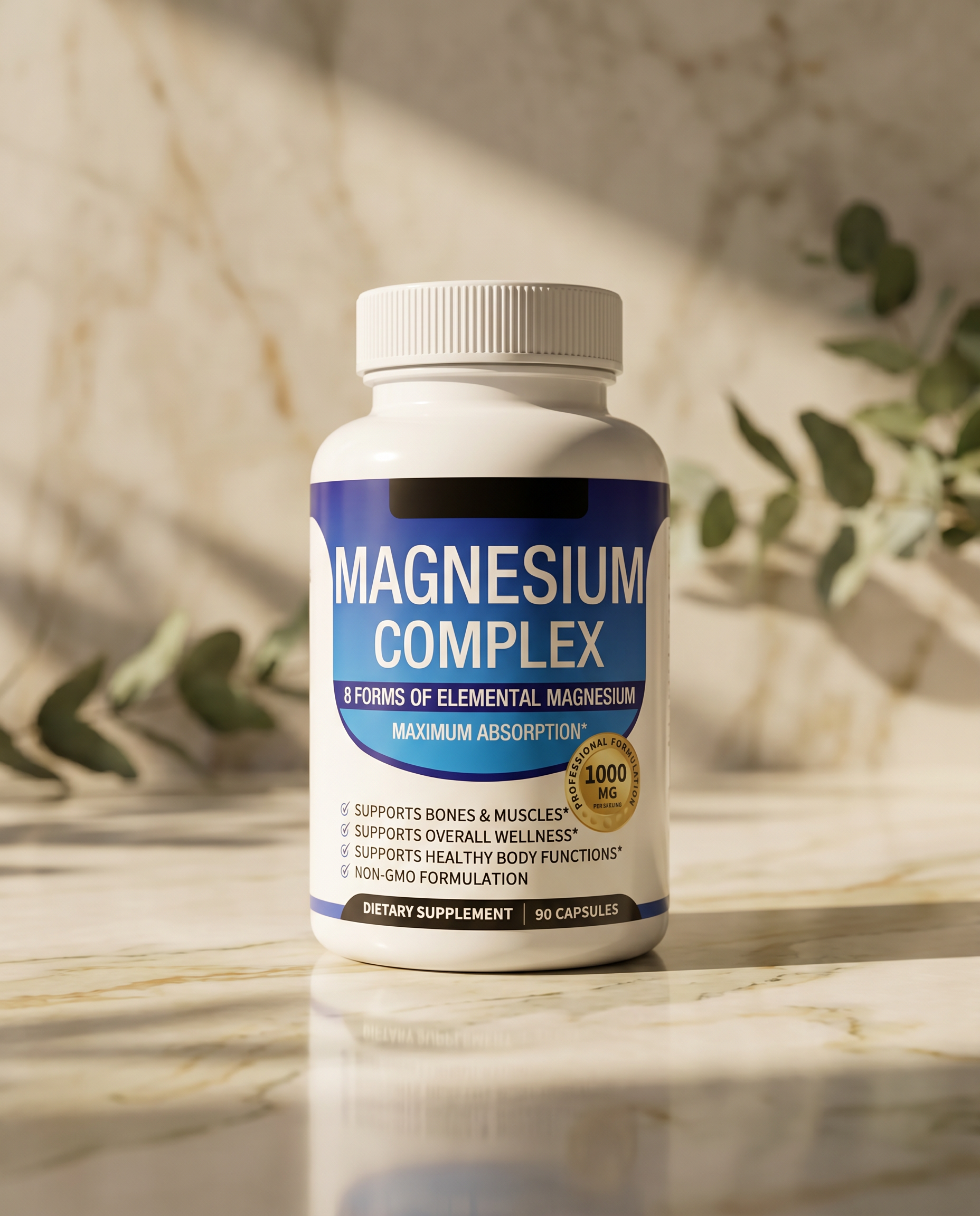 Magnesium Complex Capsules 1000mg — cinematic luxury product photography