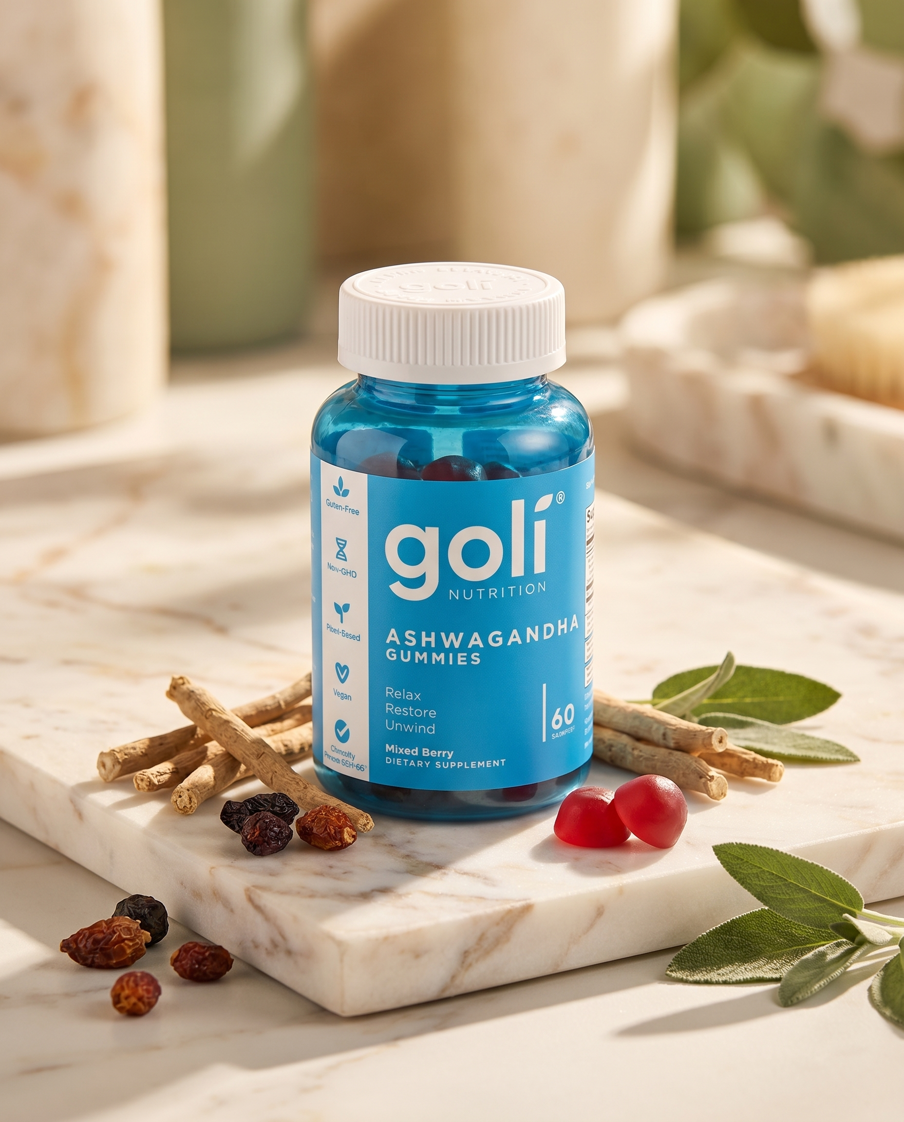 Ashwagandha Vitamin D Gummies — cinematic luxury product photography